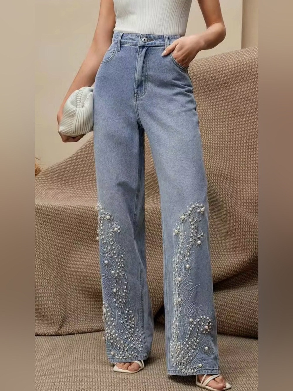 High Waist Rhinestone Pearls Decorative Loose Fit Wide Leg Straight Jeans